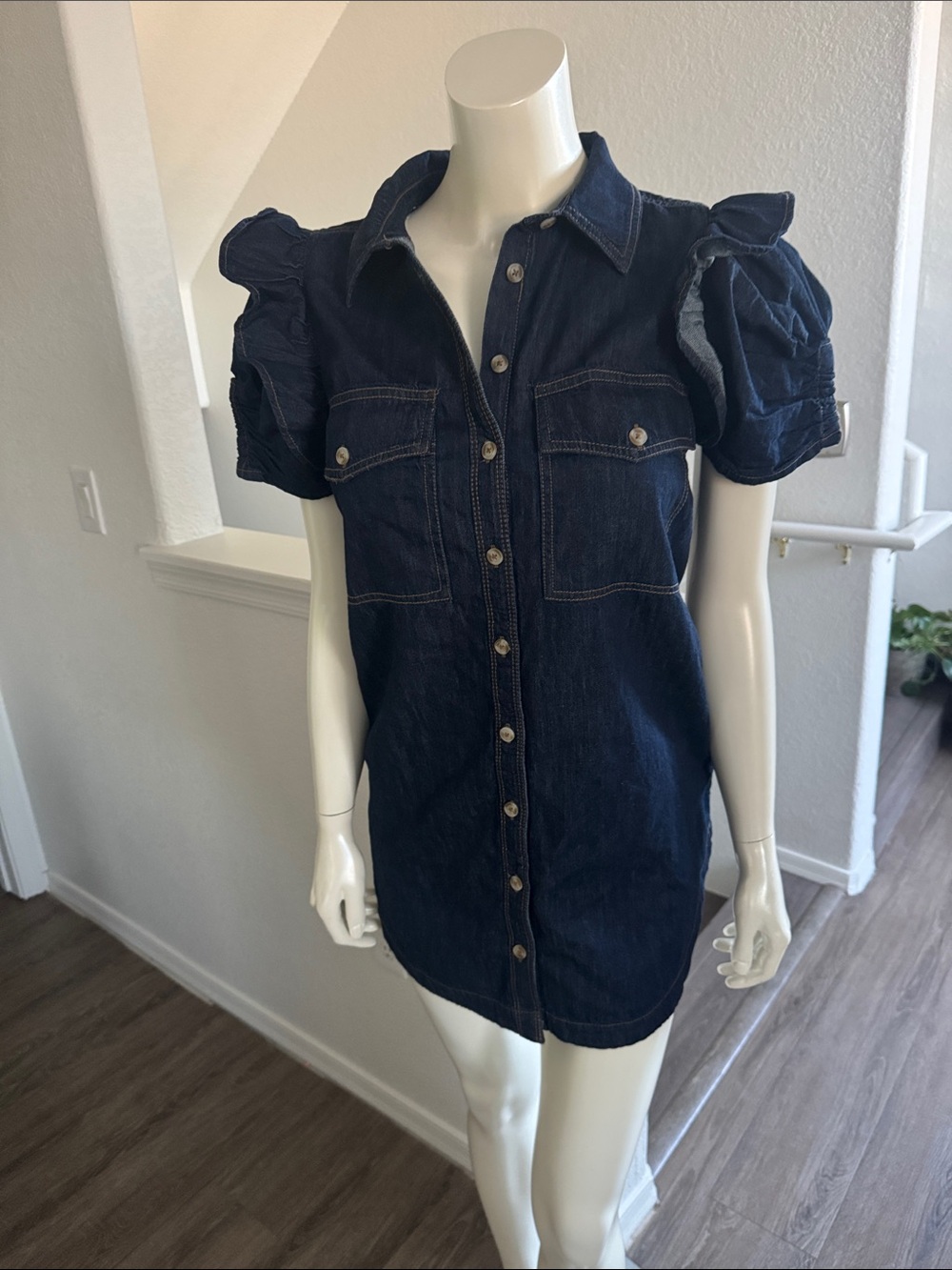 Pilcro Dark Blue Denim Button-Front Puff Sleeve Mini Dress